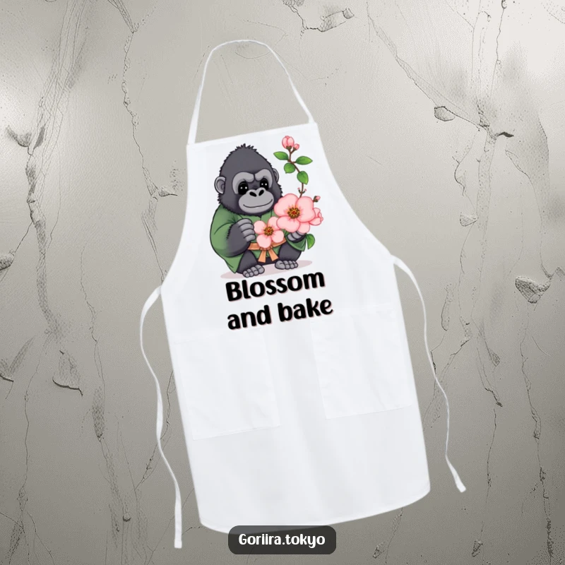 Funny apron showing a plump gorilla in a green kimono, offering a blooming peach blossom while cooking.