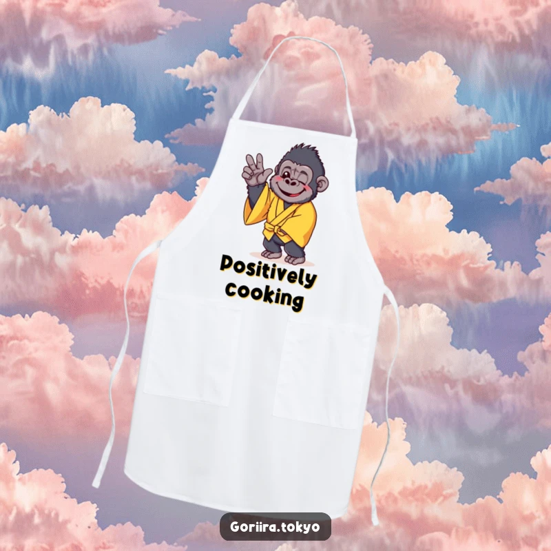 Funny apron showing a cheerful gorilla in a yellow kimono, striking a gentle pose while cooking happily.