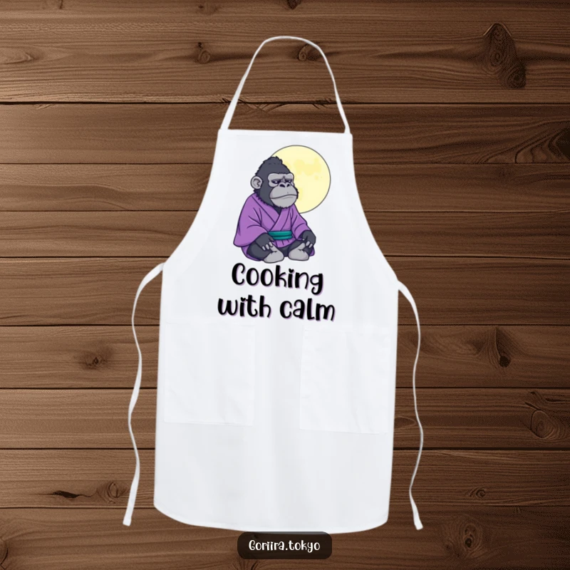 Funny gorilla wearing a purple kimono meditating under a stylized moon, a humorous apron for peaceful kitchen moments.