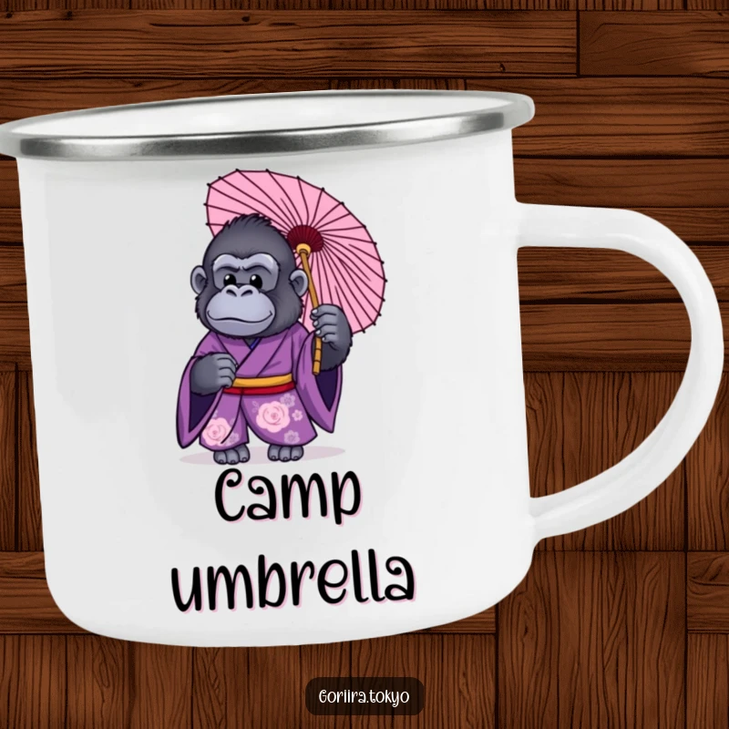 Funny camping mug with a gorilla in a purple kimono, holding a traditional Japanese umbrella, perfect for stylish outdoor protection.