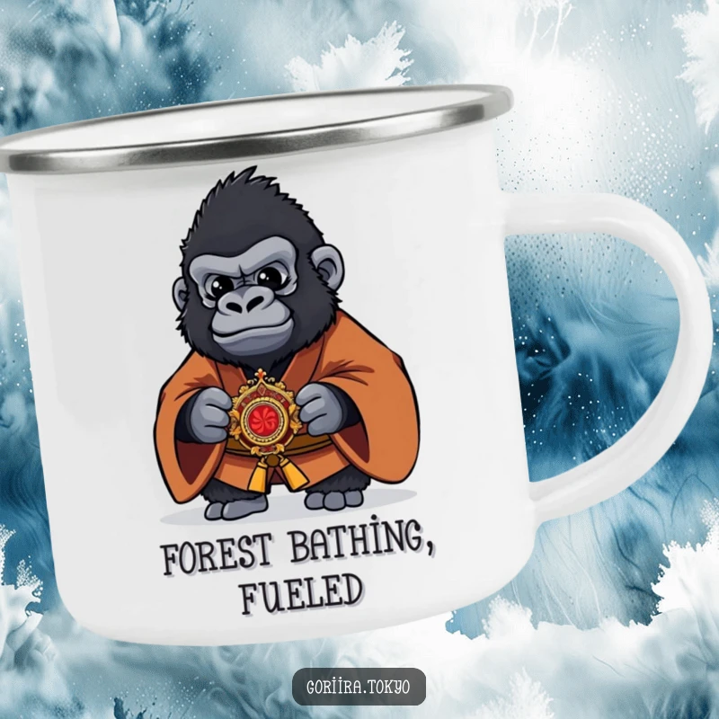 Funny Gorilla Camping Mug with a brown kimono warrior holding a kaiser, designed for rugged use and humorous outdoor enjoyment.