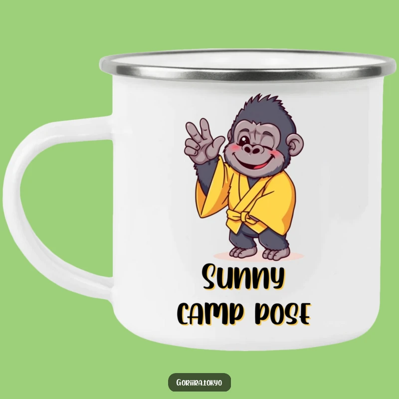 Funny Cheerful Gorilla Yellow Kimono Camping Mug: Gentle Sips, Outdoor Humorous Gift