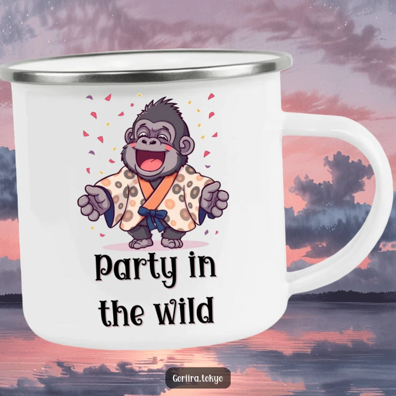 Durable camping mug featuring a funny gorilla in a spotted kimono joyfully throwing confetti, great for festive outdoor adventures.