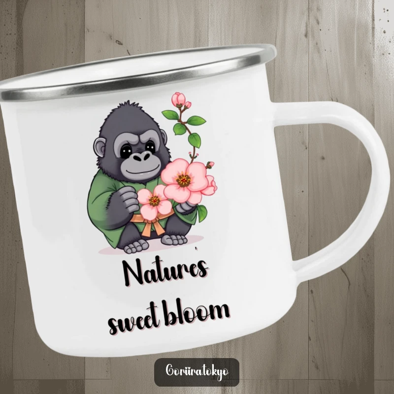 Funny camping mug with a plump gorilla in a green kimono, offering a blooming peach blossom, perfect for outdoor cheer.