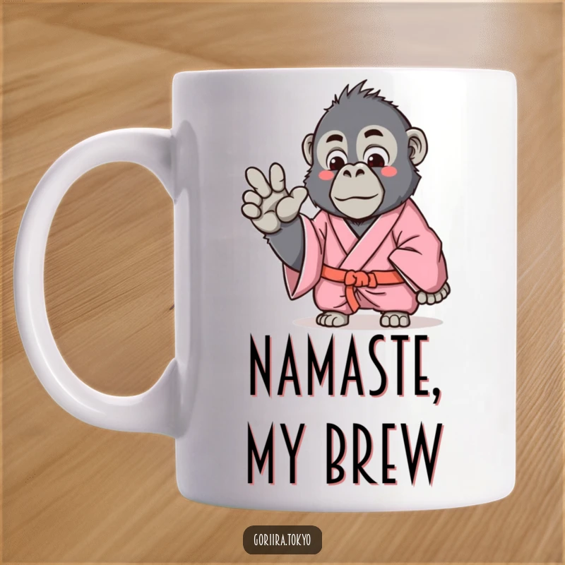 Funny Gorilla Mug featuring a gorilla in a pink kimono performing a gentle, welcoming hand gesture, radiating calm humor.
