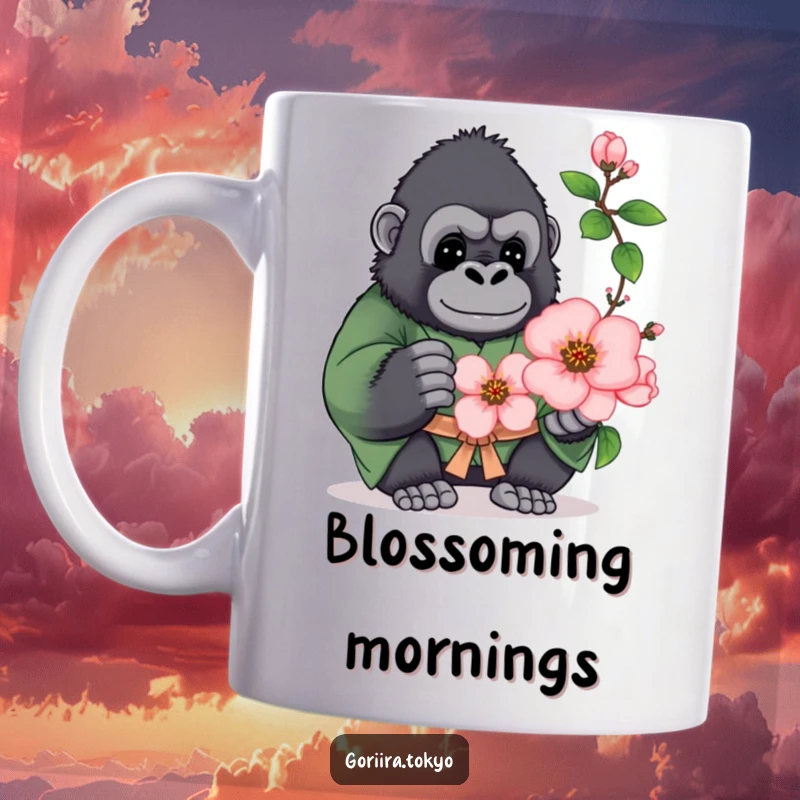 Funny mug showing a plump gorilla in a green kimono offering a delicate, blooming peach blossom with a kind expression.