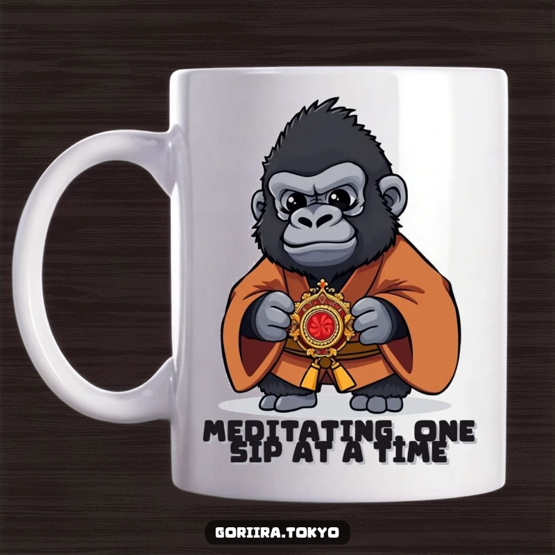 Funny Gorilla Mug with brown kimono holding a tiny, detailed kaiser, exuding a quirky and strong personality.
