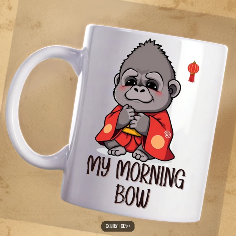 Funny mug showing a small, cute gorilla in a vibrant red kimono bowing politely with a friendly smile.