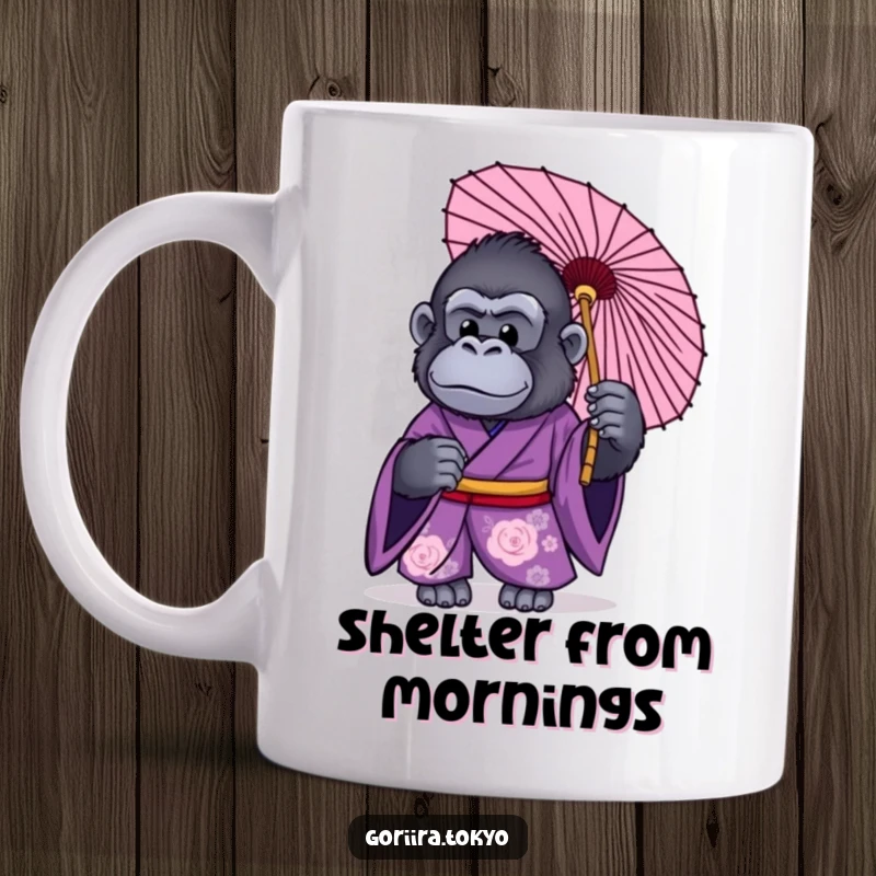 Funny mug showing a gorilla in a purple kimono holding a traditional Japanese umbrella with a confident look.