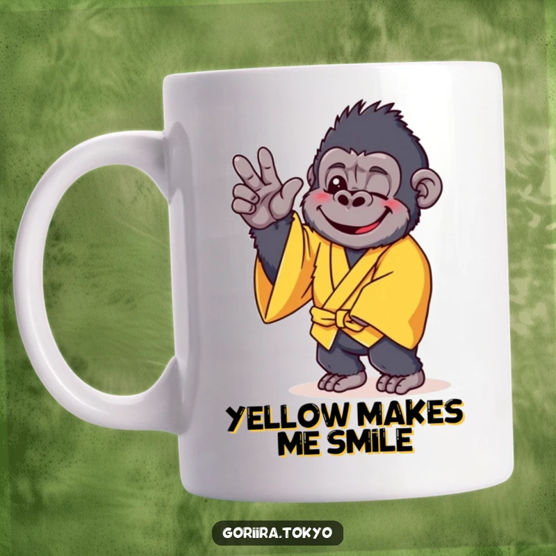 Funny mug showing a cheerful gorilla in a vibrant yellow kimono striking a relaxed and gentle pose with a smile.