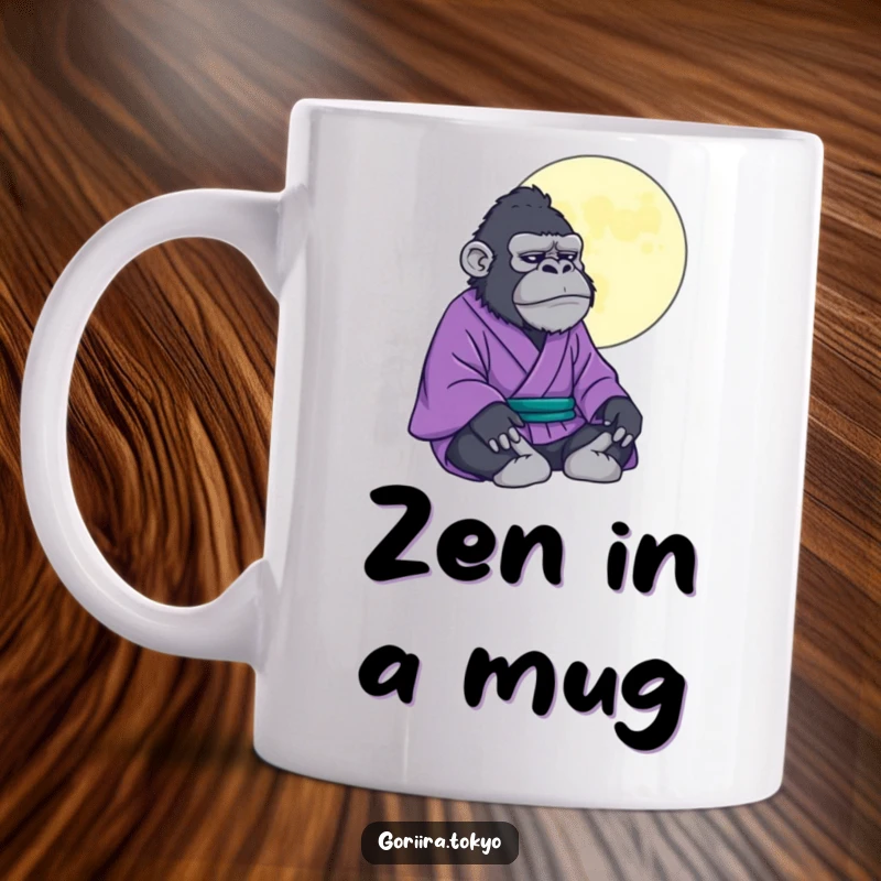 Funny gorilla in a purple kimono meditating peacefully under a stylized moon, exuding zen and humor on a mug.