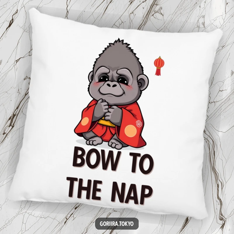 Funny pillow design: a small, cute gorilla in a vibrant red kimono, bowing politely in a soft, inviting pose.