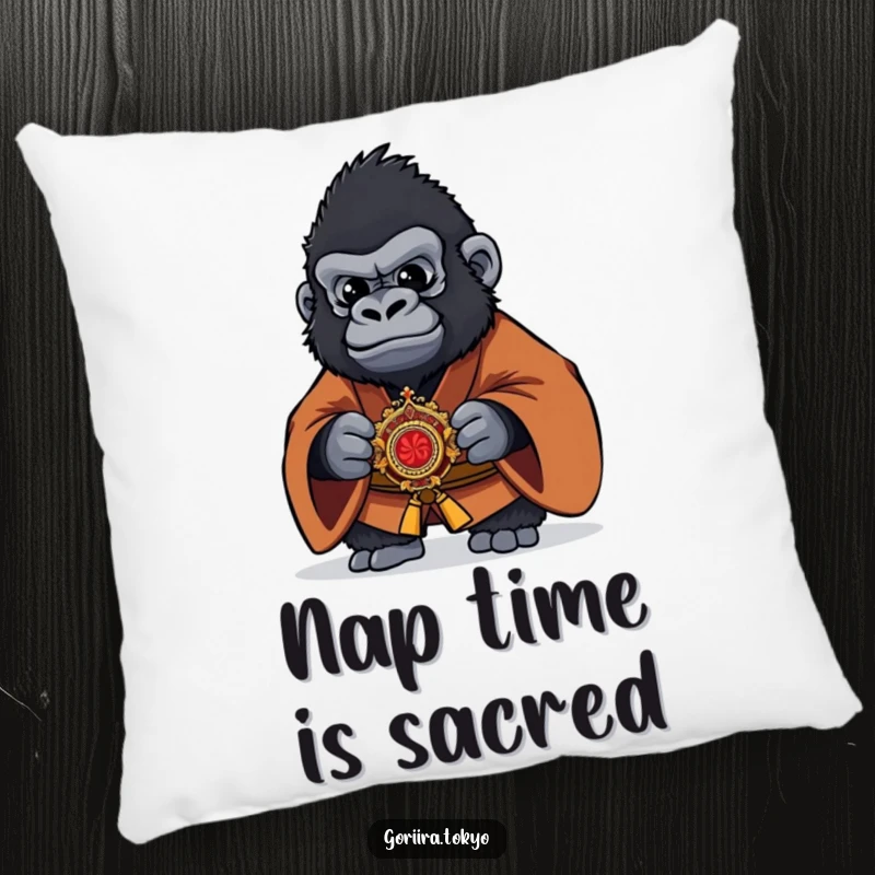 Funny Gorilla Pillow with a brown kimono warrior holding a kaiser, offering plush comfort and a dose of humor for any seating.