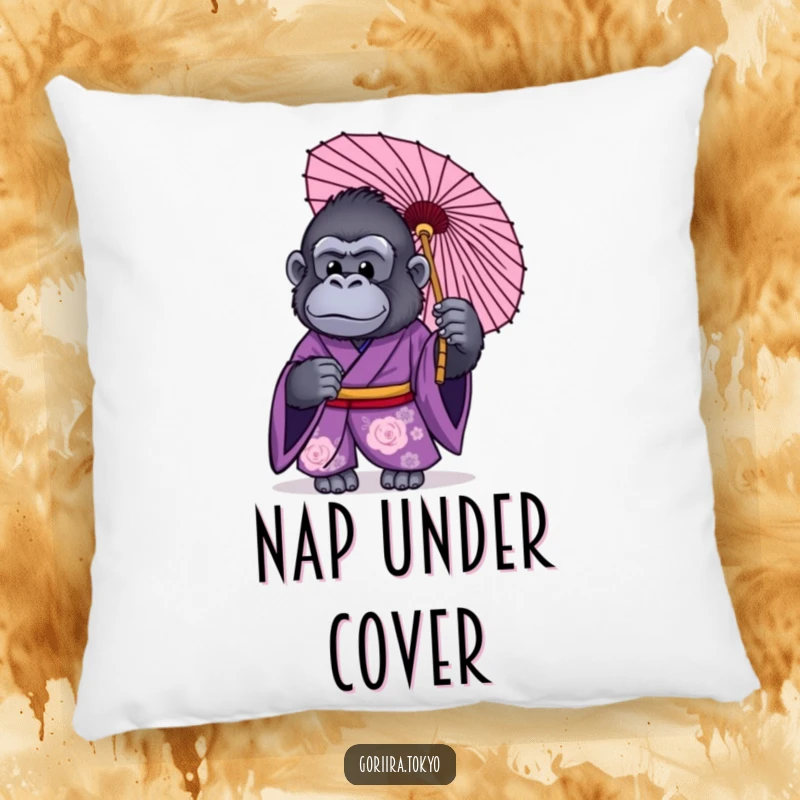 Funny pillow design: a gorilla in a purple kimono, holding a traditional Japanese umbrella, soft and inviting protection.