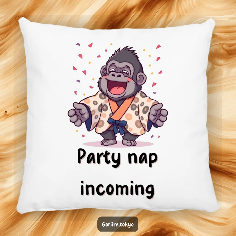 Soft pillow featuring a funny gorilla in a spotted kimono joyfully throwing confetti, perfect for adding festive comfort.