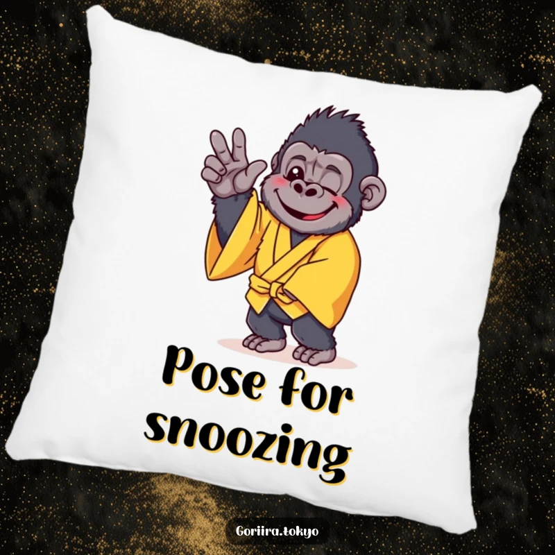 Funny pillow design: a cheerful gorilla in a yellow kimono, striking a gentle pose, soft and comforting.