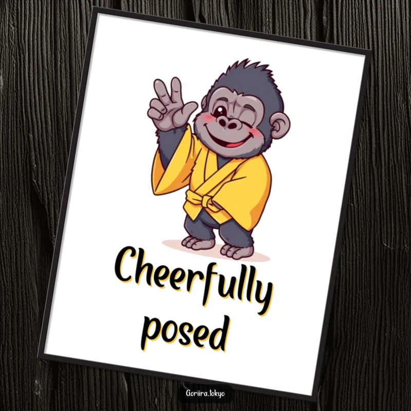 Funny digital art print of a cheerful gorilla in a yellow kimono, striking a gentle pose, radiating happiness and calm.