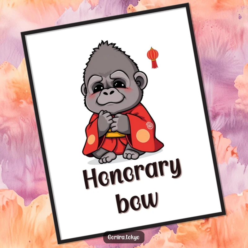 Funny digital art print: a small, cute gorilla in a vibrant red kimono, bowing politely, exuding warmth and humor.