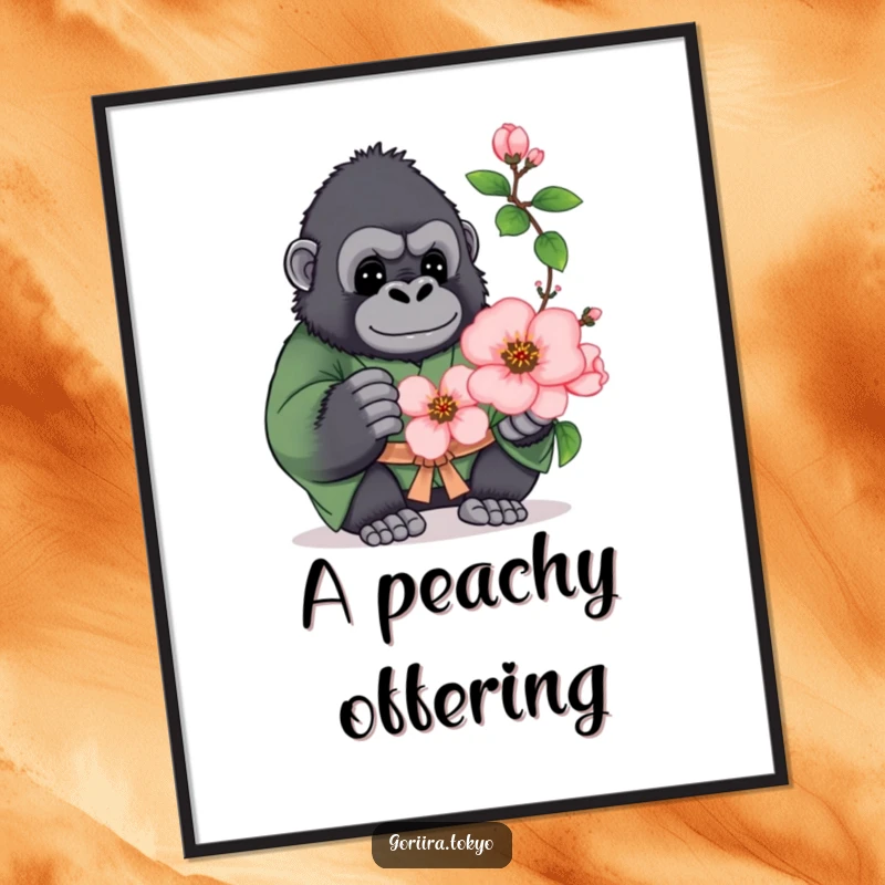 Funny digital art print of a plump gorilla in a green kimono, offering a blooming peach blossom, exuding warmth and joy.