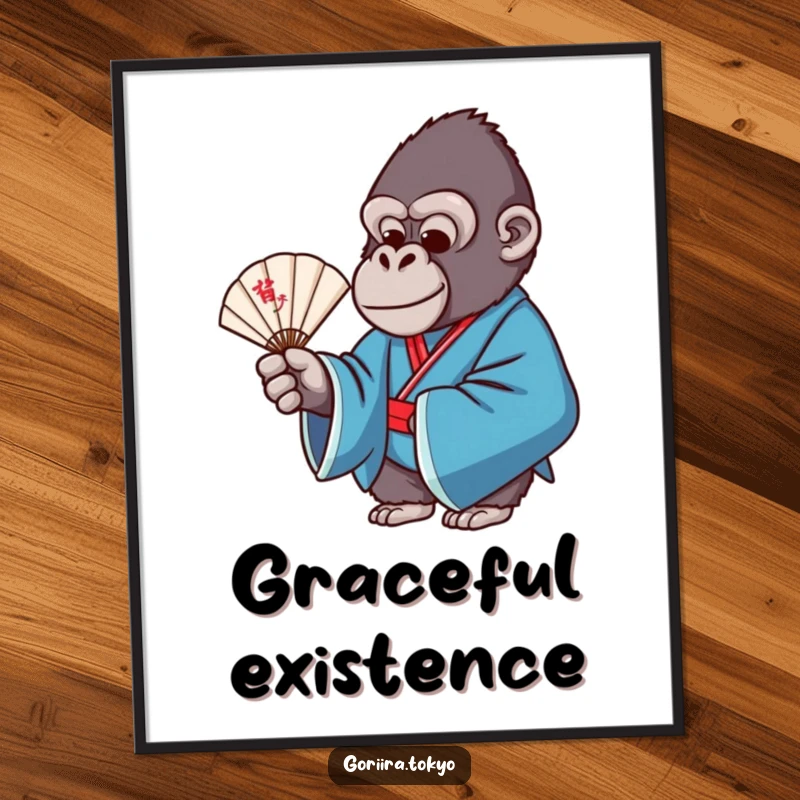 Funny digital art print of a gorilla in a blue formal kimono, gracefully holding a delicate fan, exuding elegance and humor.