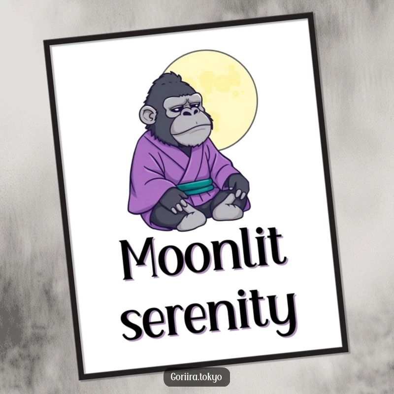 Funny gorilla in a purple kimono meditating under a stylized moon, a serene and humorous digital art print for calm spaces.