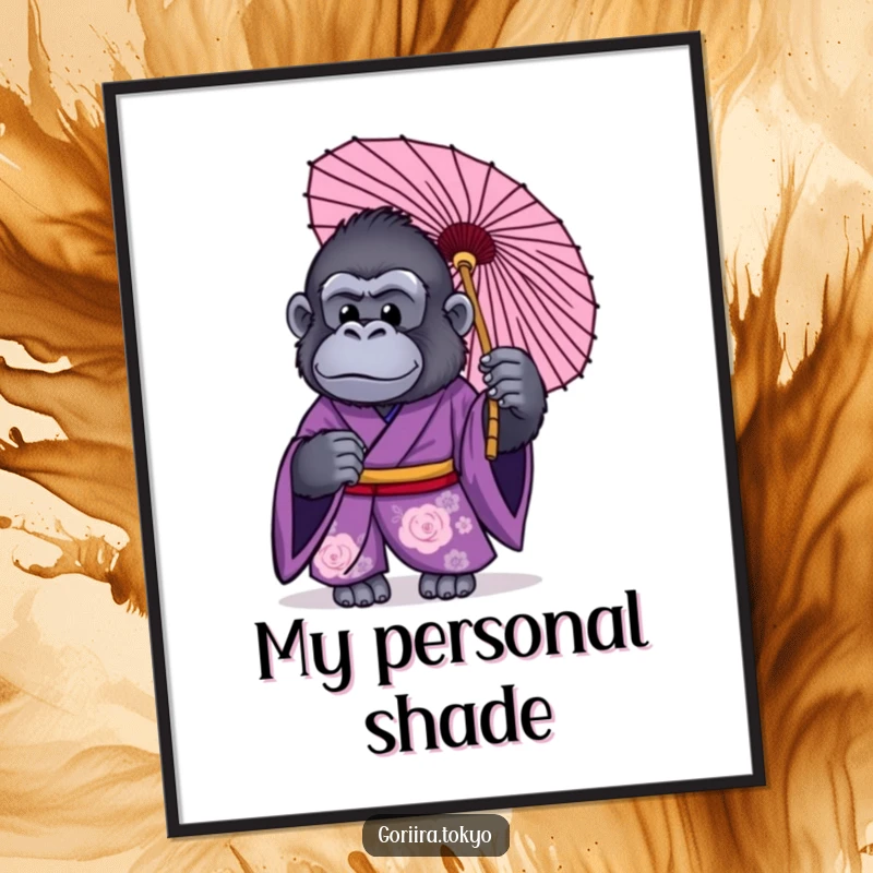 Funny digital art print of a gorilla in a purple kimono, holding a traditional Japanese umbrella, exuding style and humor.