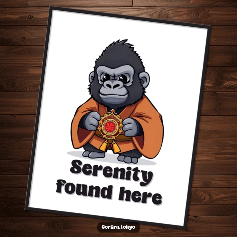 Funny Gorilla Digital Art Print of a brown kimono warrior holding a kaiser, designed for vibrant wall decor and humorous appeal.