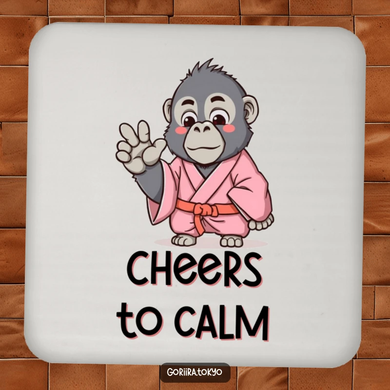 Funny Gorilla Coaster featuring a pink kimono gorilla making a gentle hand gesture, protecting surfaces with artistic humor.