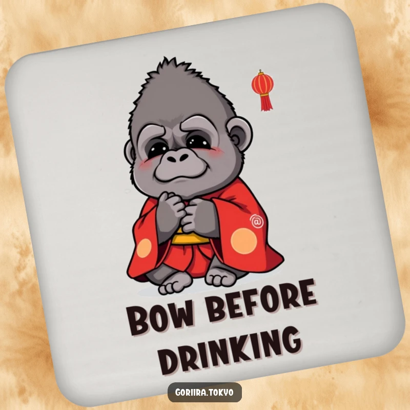 Funny coaster design: a small, cute gorilla in a vibrant red kimono, bowing politely, protecting surfaces with style.