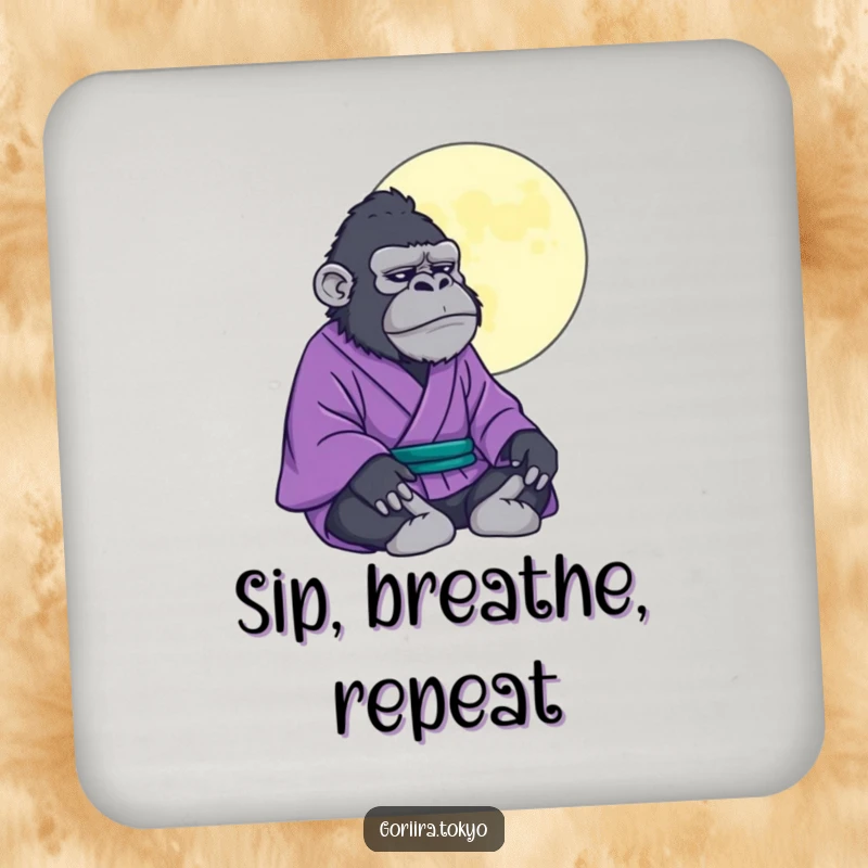 Humorous coaster featuring a funny gorilla in a purple kimono meditating under a stylized moon, protecting surfaces with zen.