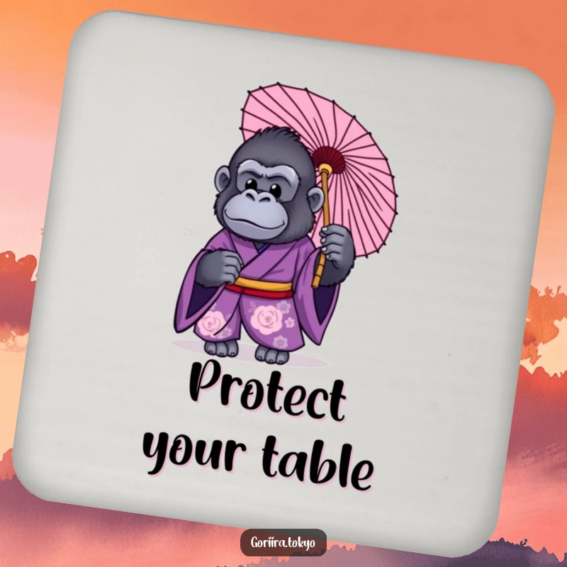 Funny coaster design: a gorilla in a purple kimono, holding a traditional Japanese umbrella, protecting surfaces with style.