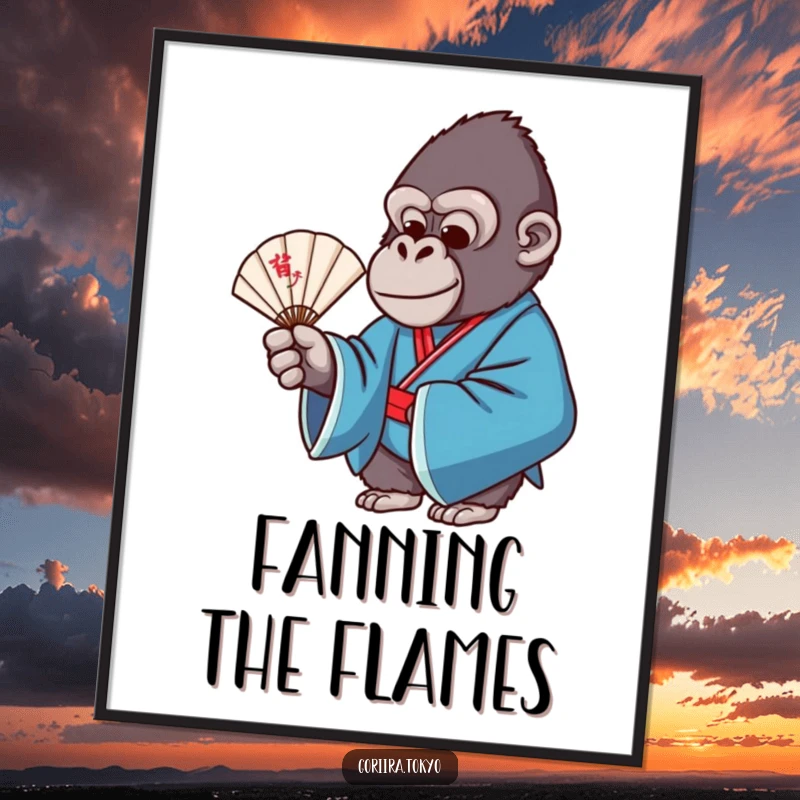 Funny poster art of a gorilla in a blue formal kimono, gracefully holding a delicate fan, creating an artistic scene.