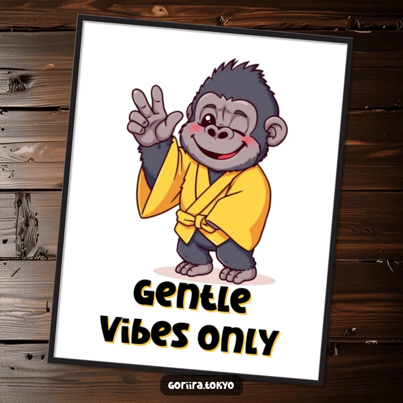 Funny poster art of a cheerful gorilla in a yellow kimono, striking a gentle pose with a serene and happy expression.