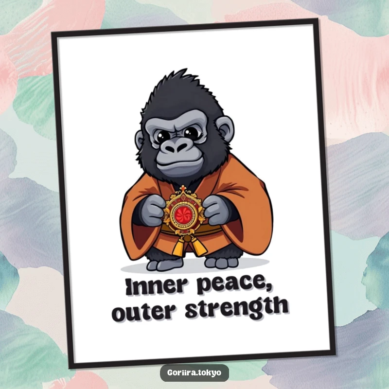 Funny Gorilla Poster showcasing a brown kimono warrior holding a kaiser, adding a humorous and artistic touch to any room.