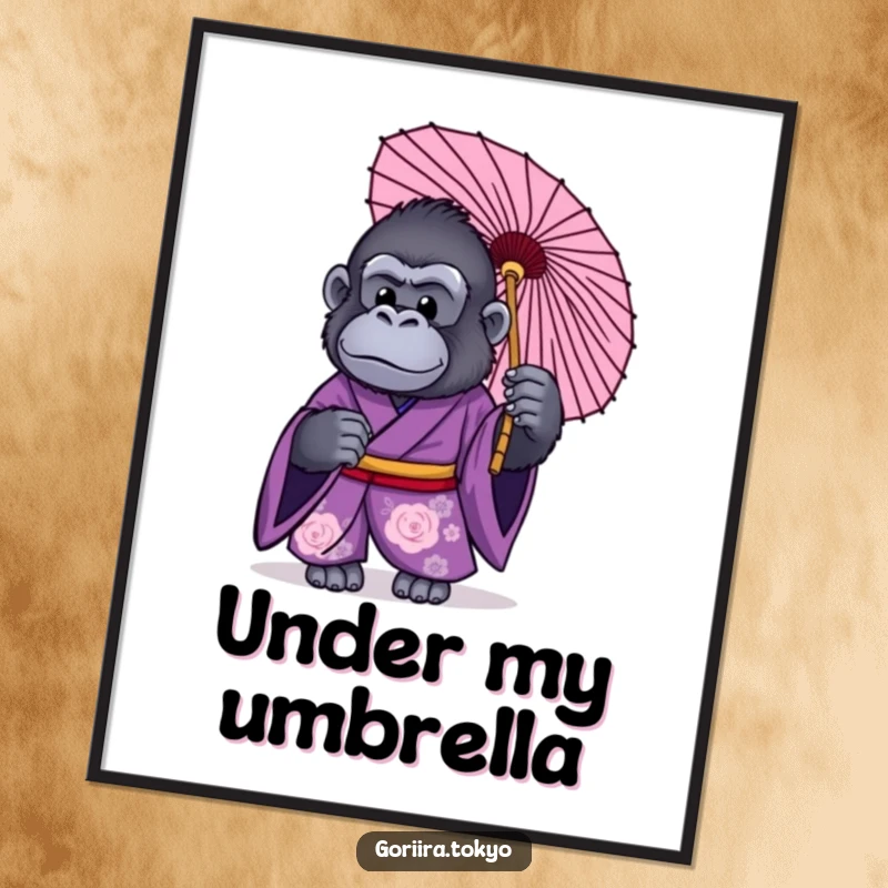 Funny poster art of a gorilla in a purple kimono holding a traditional Japanese umbrella, creating a scene of stylish protection.