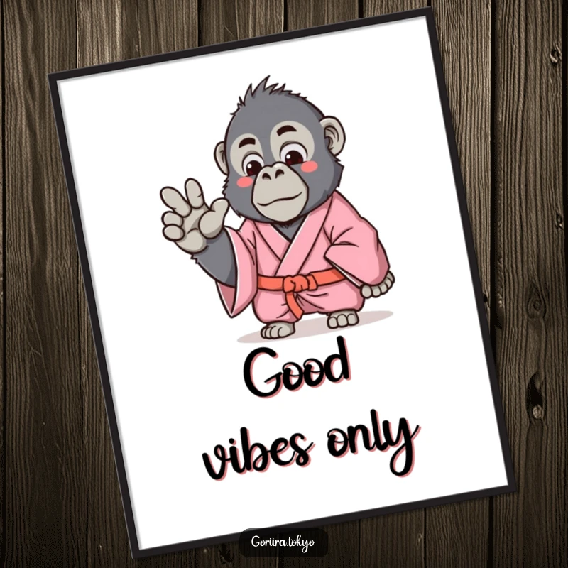 Funny Gorilla Poster illustrating a pink kimono gorilla performing a gentle hand gesture, creating a serene and humorous wall decor.