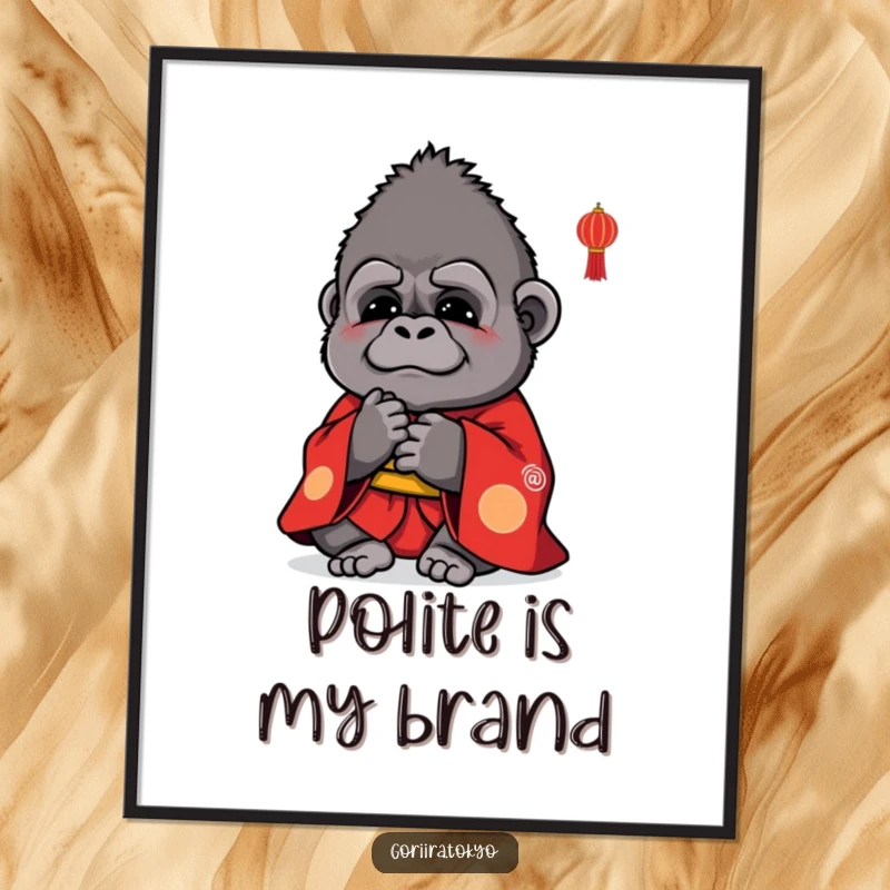 Funny poster art of a small, cute gorilla in a vibrant red kimono, bowing politely with a serene expression.