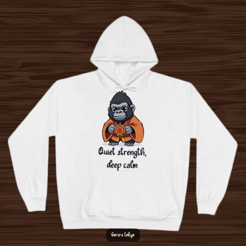 Funny Gorilla Hoodie featuring a fierce yet funny warrior in a brown kimono holding a kaiser, perfect for warmth and smiles.