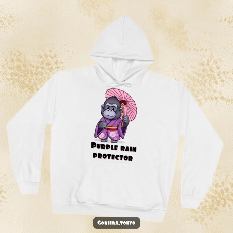 Funny hoodie design: a gorilla in a purple kimono, holding a traditional Japanese umbrella, offering cozy protection.