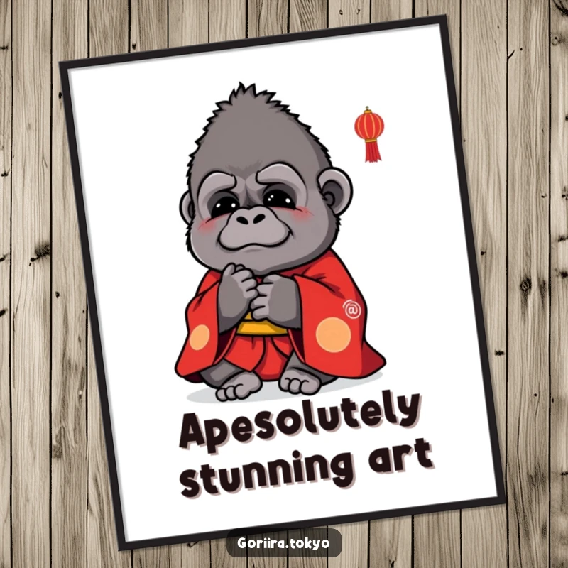 Funny Free Printable Wall Art: Small cute gorilla in vibrant red kimono bowing politely, adding whimsical decor.