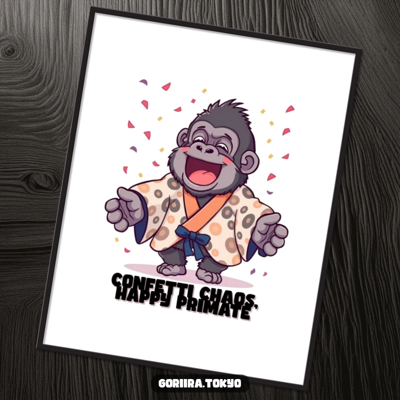 Funny Free Printable Wall Art: Gorilla in a spotted kimono joyfully throwing a cascade of confetti. Humorous downloadable.