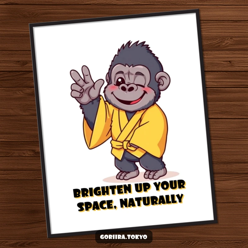 Funny Free Printable Wall Art: Cheerful gorilla in yellow kimono striking a gentle pose, adding happy vibes.