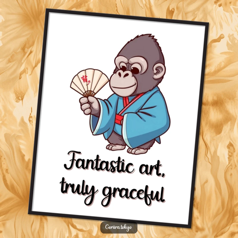 Funny Free Printable Wall Art: Gorilla in blue formal kimono holding a delicate fan with grace, adding elegant humor.