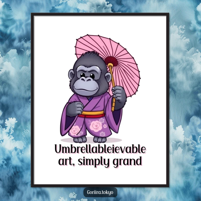 Funny Free Printable Wall Art: Gorilla in purple kimono holding a traditional Japanese umbrella, adding whimsical charm.