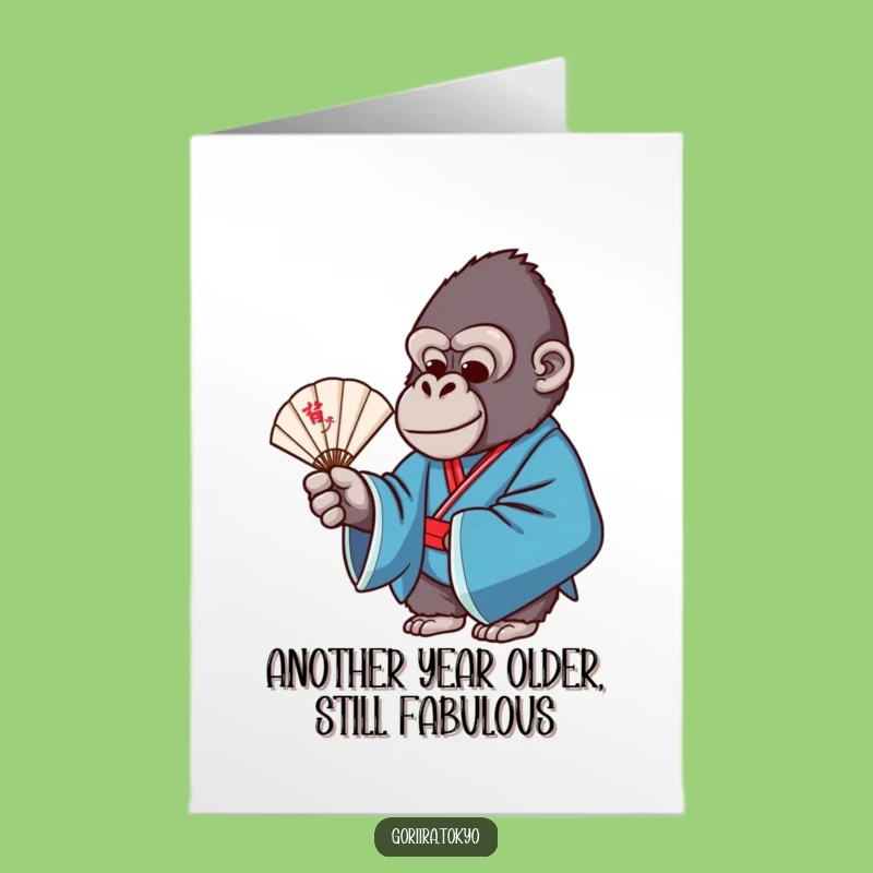 Free Printable Birthday Card: Graceful Gorilla Kimono Fan for a Funny Downloadable Gift
