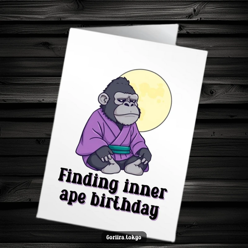 Funny Free Printable Birthday Card: Gorilla in a purple kimono meditating peacefully under a stylized moon. Downloadable.