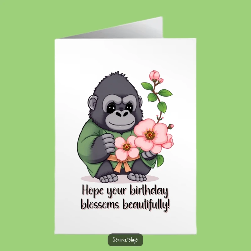 Free Printable Birthday Card: Plump Gorilla Kimono Peach Blossom for Funny Downloadable Gift