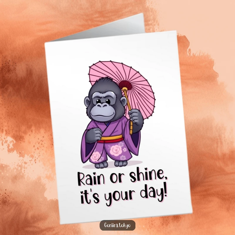 Funny Free Printable Birthday Card: Gorilla in purple kimono holding a traditional Japanese umbrella, for a fun birthday.