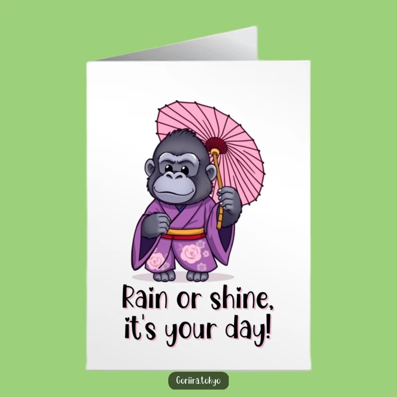 Free Printable Birthday Card: Purple Gorilla Kimono Umbrella for a Funny Downloadable Gift