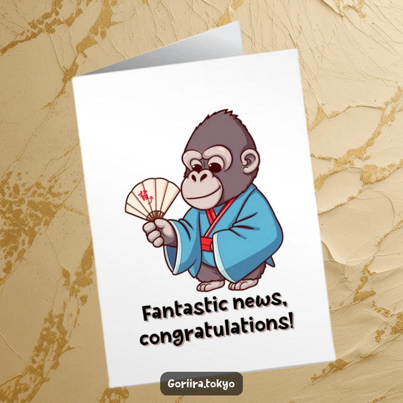 Funny Free Printable Congratulations Card: Gorilla in blue formal kimono holding a delicate fan with grace, congratulating with style.